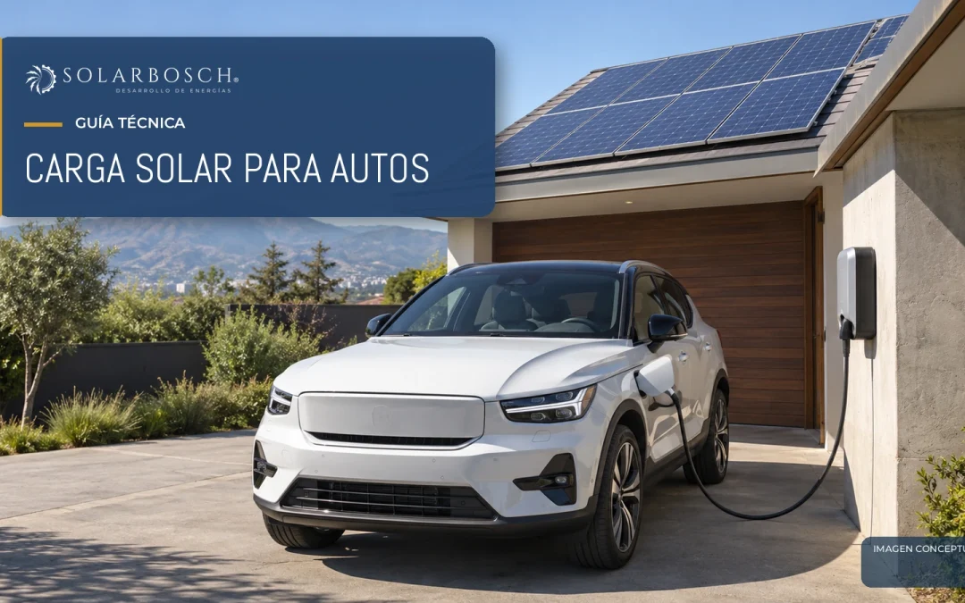 Imagen conceptual de un auto eléctrico cargando con energía solar en una vivienda chilena.