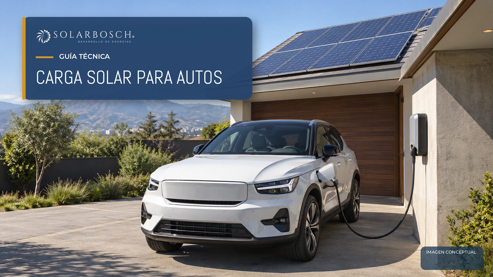 Imagen conceptual de un auto eléctrico cargando con energía solar en una vivienda chilena.