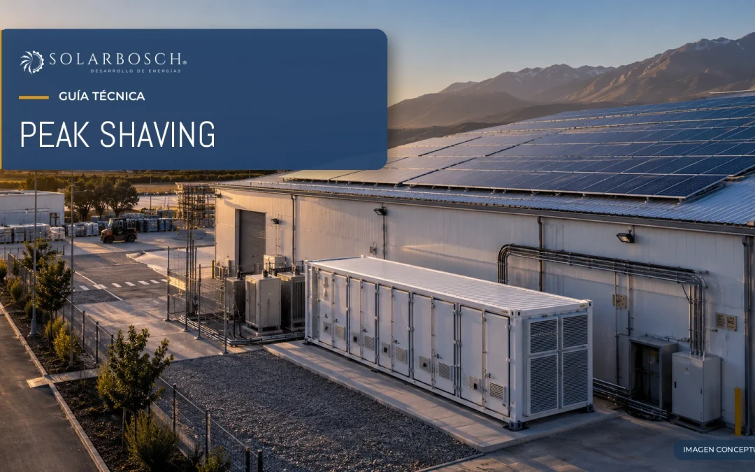 Imagen conceptual de una planta industrial con paneles solares y almacenamiento para peak shaving.